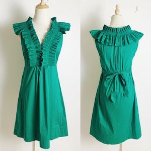BCBG MAXAZRIA Green Pleated-Ruffle Neck Dress M
